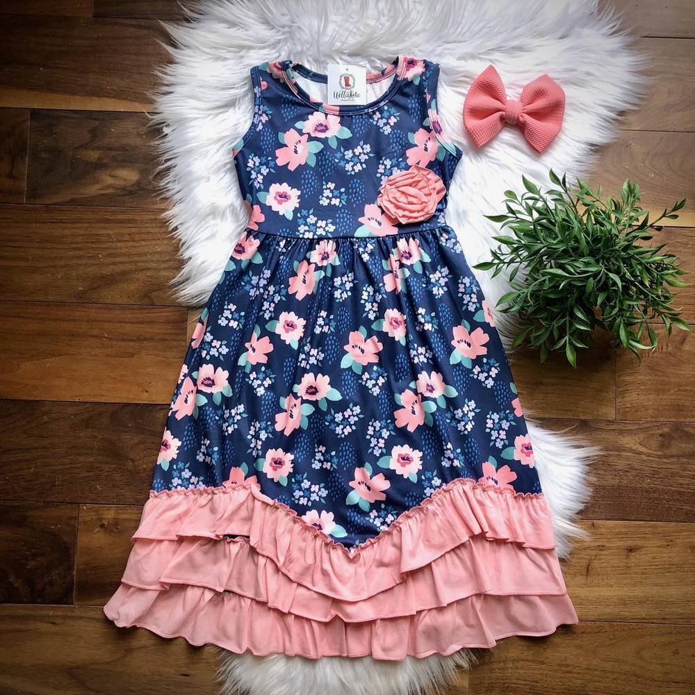 Wellington Designs Girls Navy & Pink Triple Ruffle Maxi Dress, Sz 0/3